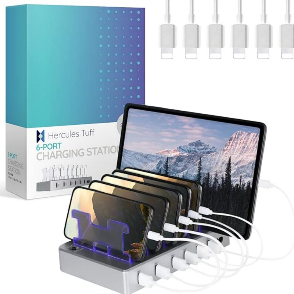 Charging Station for Multiple Devices, with 6 USB Ports Silver Hercules Tuff NWT
